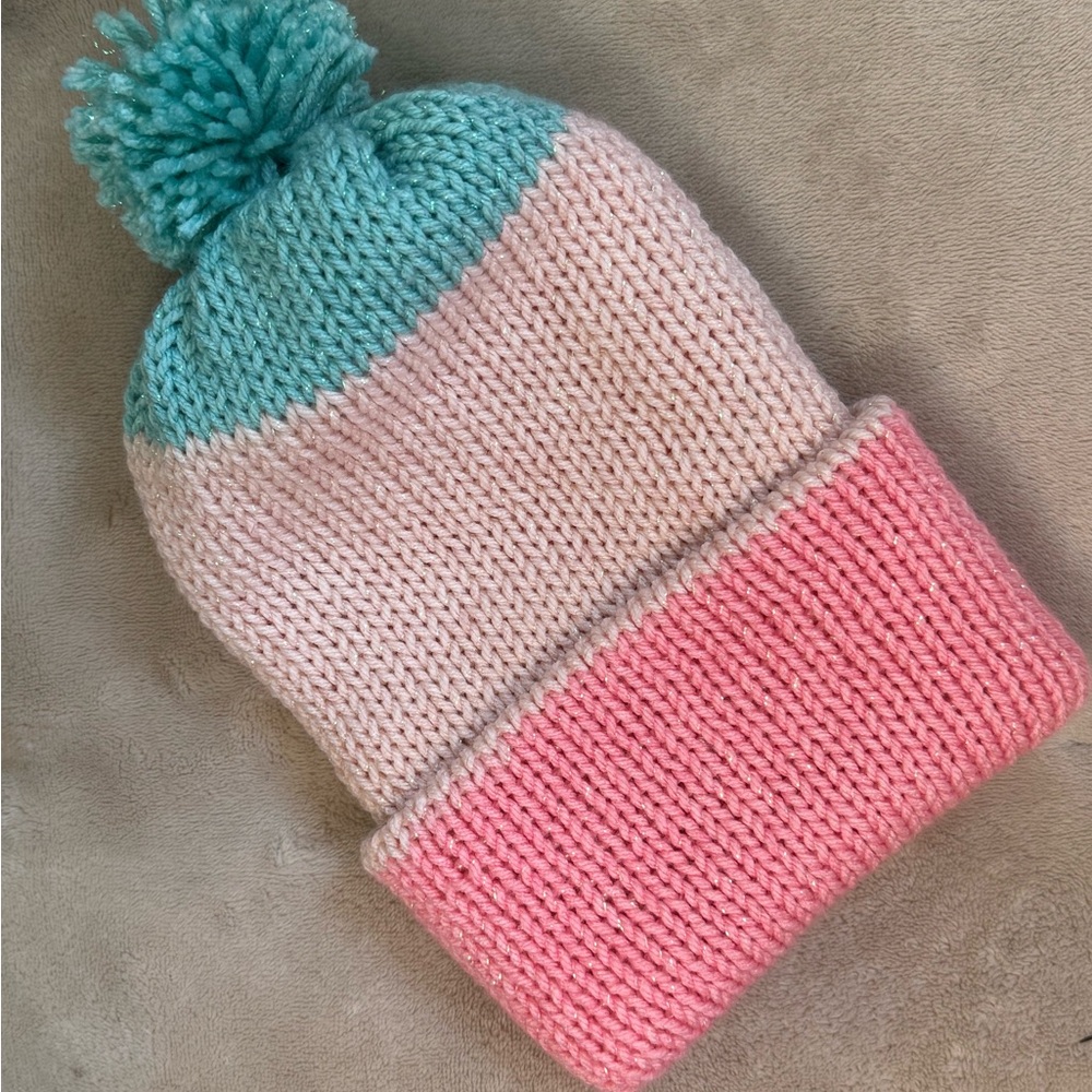 Kids' Pink and Mint Hand Made Knitted Beanie